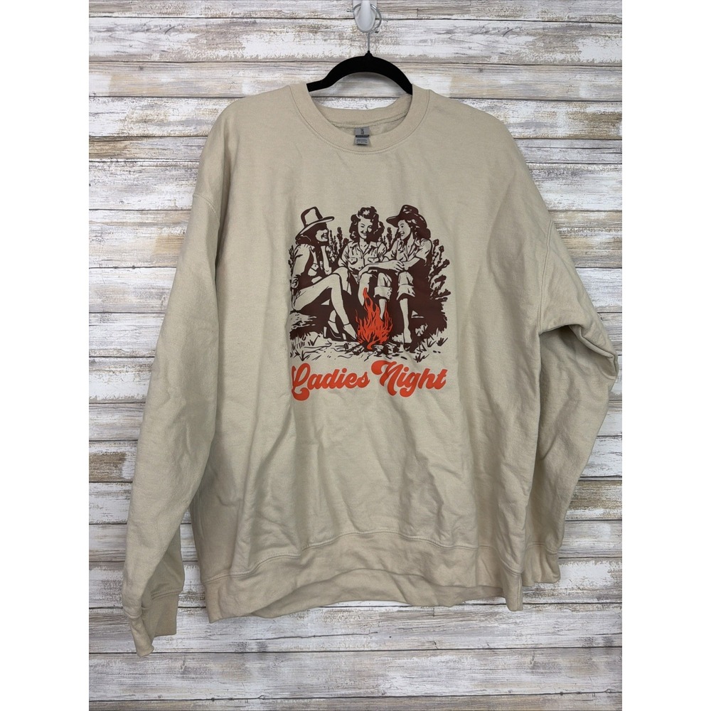Women's Beige Crewneck Pullover Sweatshirt "Ladies Night" Graphic Print XL